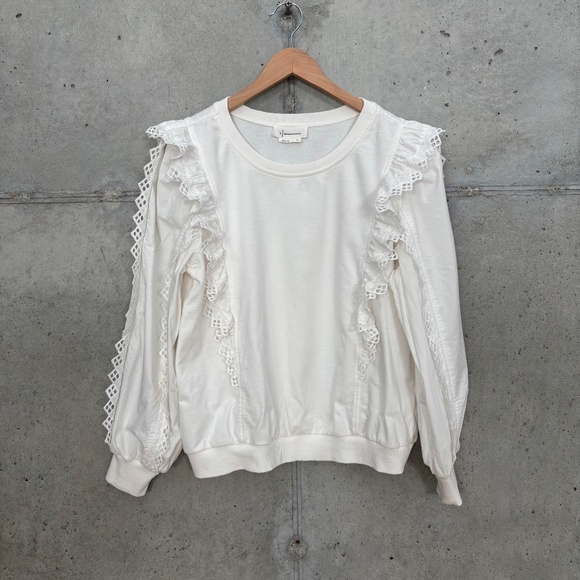 By Anthropologie Ruffle Sleeve Lace Trimmed Sweatshirt White Cream Size Medium - Picture 5 of 9